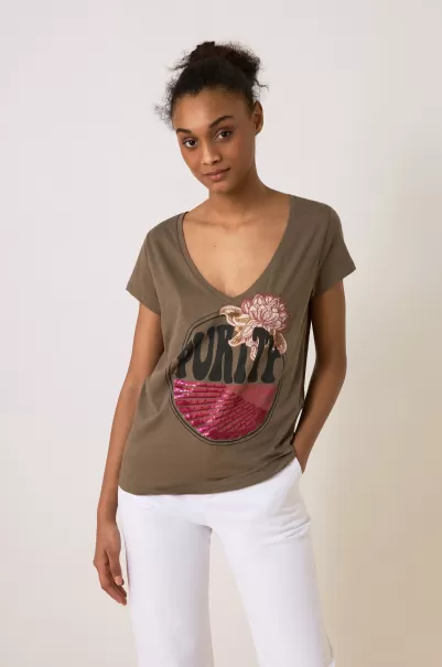 Khaki T-Shirts & Tops Leon & Harper Précis T-Shirt Tonton Lotus Femme